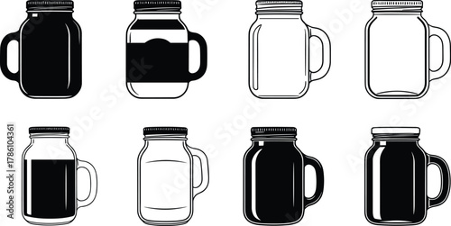 Mason jar mug collection, vintage glass jar set, black and white illustration, beverage container design, kitchen drinkware vector art
