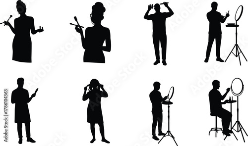 Makeup artist silhouette set, beauty blogger, cosmetic tools, influencer recording, skincare tutorial, makeup session, vector illustration, black design icons