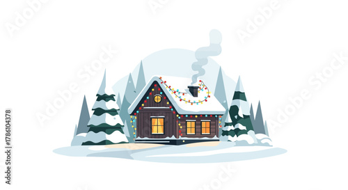 Cozy wooden cabin nestled amongst snow covered pine trees adorned with colorful festive christmas lights and smoke rising from the chimney