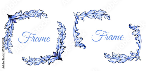Set of two hand-drawn blue acanthus corner frames with elegant scrollwork. classic baroque style for invitations, certificates, or decorative text borders.