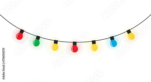 A string of colorful festive christmas lights in red green yellow and blue hangs on a simple white background