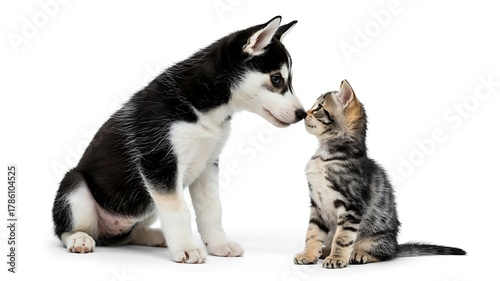 A curious husky puppy meets a small tabby kitten nose to nose