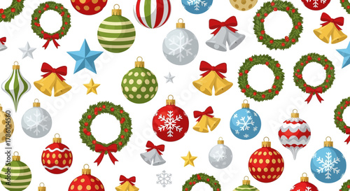 Festive christmas pattern featuring ornaments wreaths bells stars and snowflakes on white background