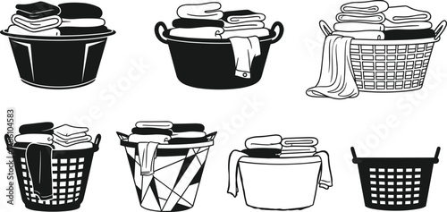 Laundry basket vector set, folded clothes illustration, washing container design, household cleaning concept, fabric care, laundry room icon collection.