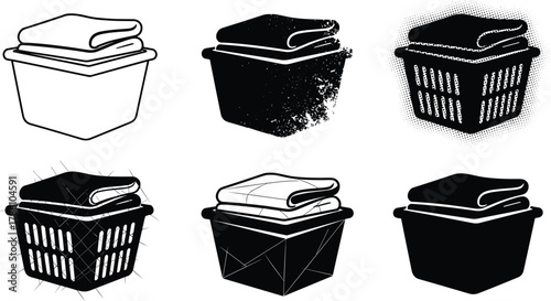 Laundry basket vector set, folded clothes illustration, washing container design, household cleaning concept, fabric care, laundry room icon collection.