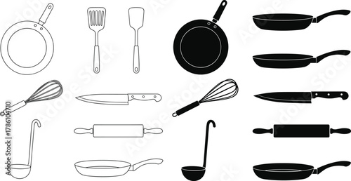 Kitchen utensils vector set, black and white cooking tools, frying pan, knife, whisk, spatula, ladle, rolling pin illustration design
