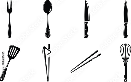 Kitchen utensils illustration, black and white cooking tools, fork, spoon, knives, spatula, tongs, chopsticks, whisk, culinary equipment, vector art