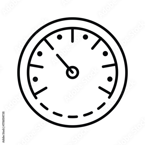 A gauge or speedometer graphic with a needle pointing left surrounded by markings and housed in a circular frame