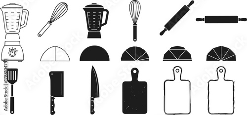 Kitchen utensils vector set, black and white cooking tools, blender, whisk, rolling pin, knife, cutting board, spatula illustration design