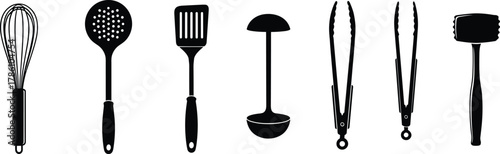 Kitchen utensil silhouette set, black vector tools collection, whisk, spatula, tongs, ladle, hammer, cooking equipment, food preparation design