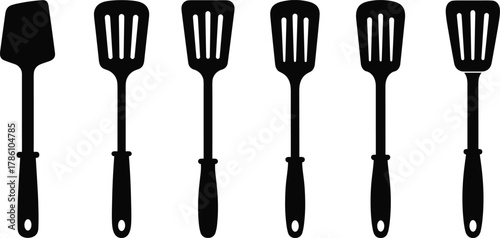 Kitchen spatula silhouette set, black utensil vector, cooking tools collection for restaurant, home kitchen, food preparation, flat illustration design