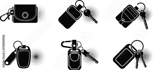 Keychain and wallet icon set, car key holder silhouette vector, leather key pouch illustration, modern keyring accessory design collection
