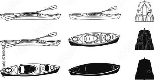 Kayak illustrations, paddle views, top angle, side angle, rear design, black and white, outdoor gear, water sports, equipment icons, minimalist style, adventure concept