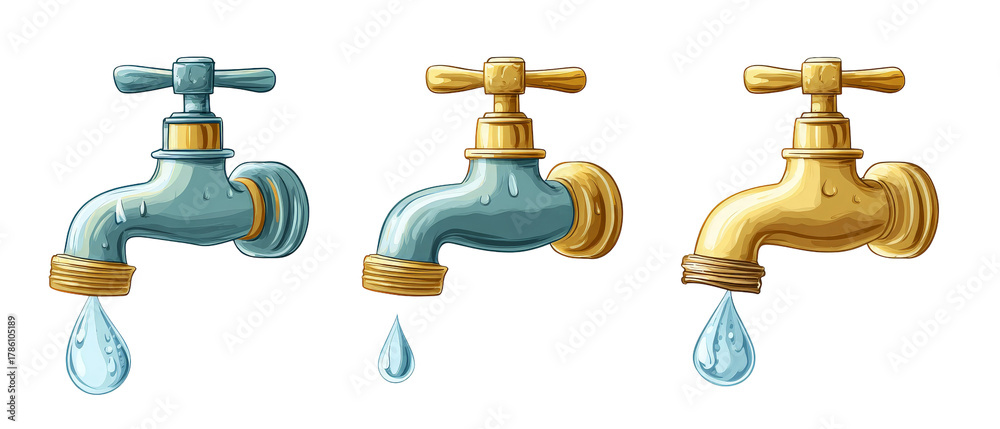 Fototapeta premium Three distinct water faucets in varying colors, showcasing a blue and a gold tap, each dripping water, set against a clean white background, ideal for plumbing or home improvement themes