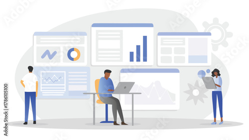 Diverse team of professionals analyzing data and charts on multiple screens in a modern office setting for business insights