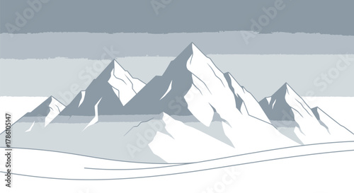 Snowy mountain range with a cold gray sky in a minimalist vector illustration