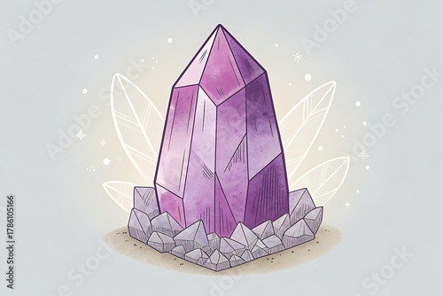 A detailed purple Amethyst crystal illustration with rock base