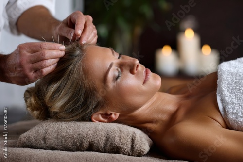 Woman receiving acupuncture treatment for health and wellness