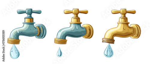 Wallpaper Mural Three distinct water faucets in varying colors, showcasing a blue and a gold tap, each dripping water, set against a clean white background, ideal for plumbing or home improvement themes Torontodigital.ca