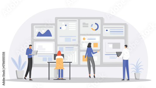Diverse team collaborating around a large digital dashboard displaying charts and graphs in a modern office setting