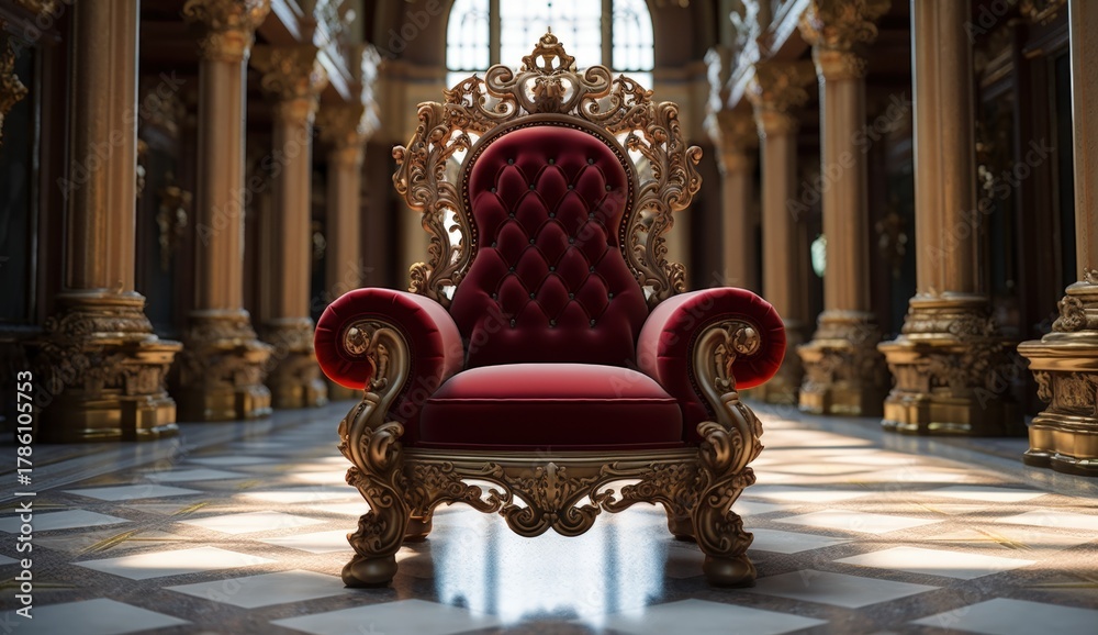 Obraz premium A lavish, ornate throne in a grand architectural space, showcasing rich textures and intricate detailing.