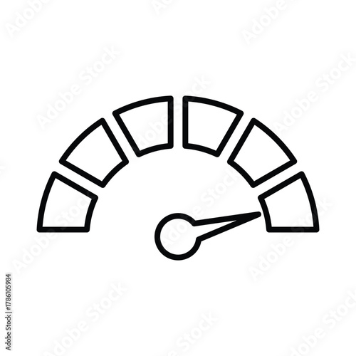A simple black and white speedometer icon points right positioned beneath a semicircle of five outlined boxes