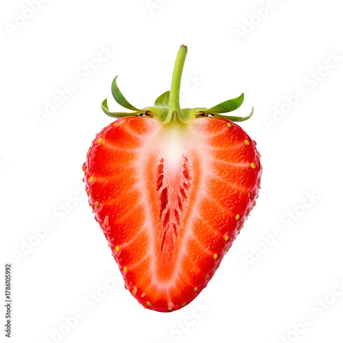A half strawberry isolated on transparent background, revealing its juicy interior