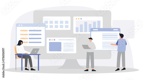 Diverse team collaborating on digital projects and analyzing data on a large computer screen with multiple windows open