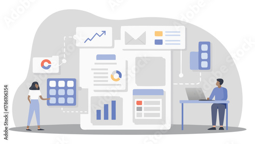 Business professionals collaborating on data analysis and digital strategy with charts graphs and documents on a screen