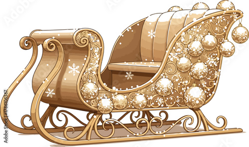 Ornate golden christmas sleigh decorated with snowflakes and baubles on white background