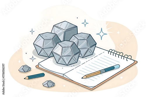 Cubic Galena Crystals on Notebook with Pencils in Illustration