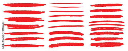 Collection of various hand-drawn red marker strokes, crayon underlines, and sketchy lines with a rough texture.
