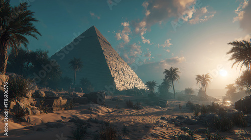 desert dawn exploration, golden morning light highlights solitary pyramid amidst vast sandy