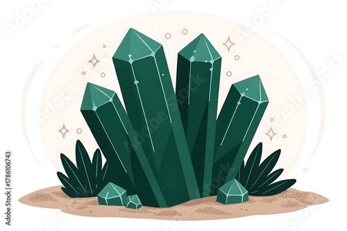 Green Crystal Illustration Featuring Elongated Gems and Geometry