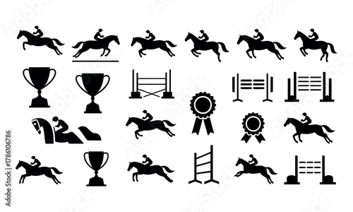 Horse Racing Silhouettes. Vector Icons of Jockeys, Horses, Trophies, and Equestrian Elements