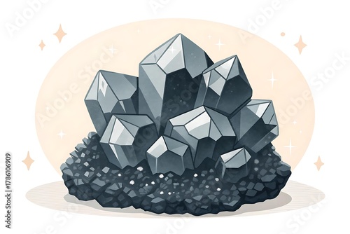 Illustration of a metallic hematite crystal cluster