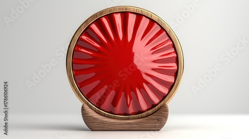 Fototapeta Naklejka Na Ścianę i Meble -  A three-dimensional ornate circular piece with a red center, wooden frame, and stand