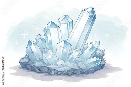 Illustration of a Quartz Crystal Cluster with Sparkling Light