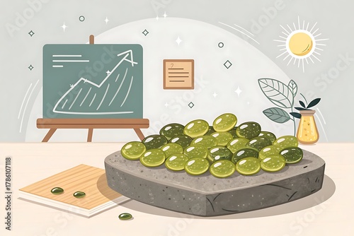 Illustration of olive grains on a stone base with chart in background