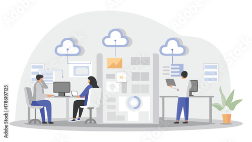 Diverse team collaborating on cloud computing technology and data analysis in a modern office environment