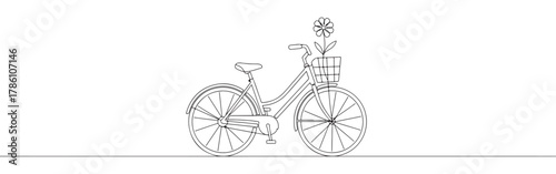 Continuous one line drawing of a bicycle with a flower in the basket. Concept of cycling, nature and healthy lifestyle