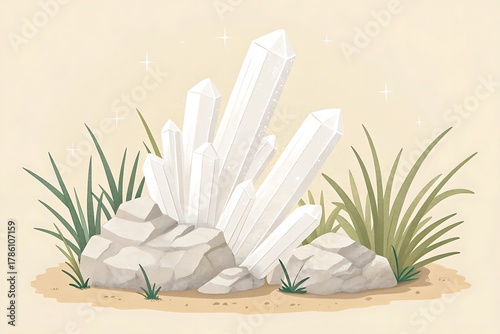 Illustration of white crystal formation on a rock with grass