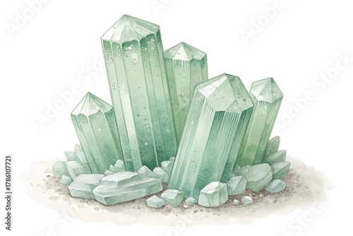 Pale Green Beryl Crystals Depicted in a Clean Watercolor Illustration