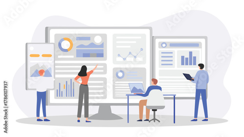 Diverse team of professionals collaborating and analyzing data on large screens and devices in a modern office setting