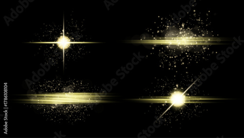 SET Golden flash of light with bright central flare on black background. Shimmering dust, shining particles and soft reflective glare. Isolated texture for design and effects.