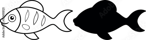 Cute Underwater Sea Creatures Fish Vector Line Art & Silhouette