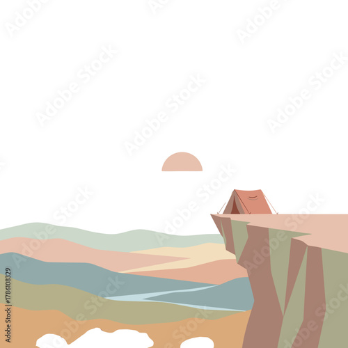 Minimalist vector landscape illustration of a lone tent on a cliff edge at dusk with a hazy sun setting over rolling hills and a dark sky