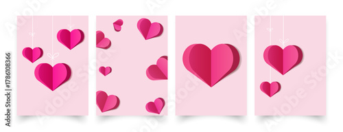Valentine's Day template set with paper heart minimalist 3D designs for greeting cards, romantic messages, wedding invitations, love-themed posters, and social media graphics. Vector illustration