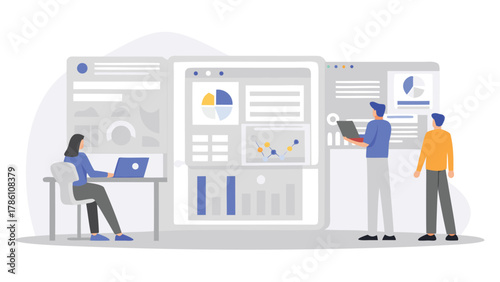 Diverse team collaborates on data analysis and business intelligence dashboards showcasing growth charts and financial reports