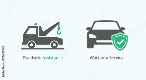 Vector illustration of two icons representing roadside assistance with a tow truck and warranty service with a car and shield